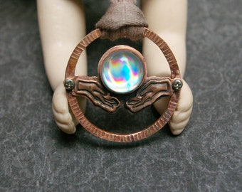 Weirdcore Orb Necklace, Upcycled CD Doublet, Recycled Copper Sheet, Reclaimed T-shirt Yarn