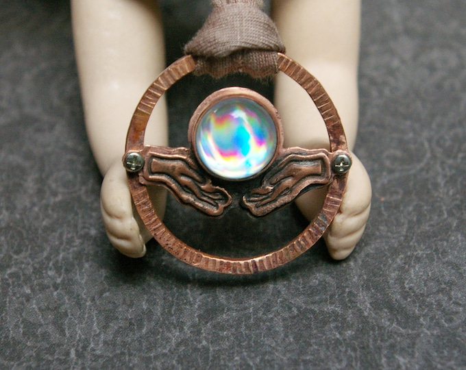 Weirdcore Orb Necklace, Upcycled CD Doublet, Recycled Copper Sheet, Reclaimed T-shirt Yarn