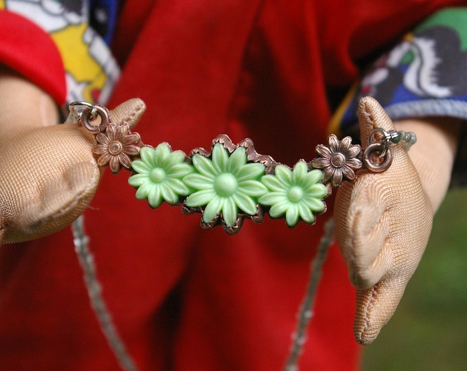 Upcycled Vintage Barrette, Flower Pattern in Copper Setting, Seed Bead Cord