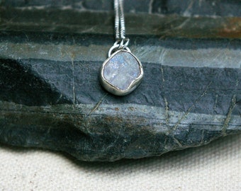 Rainbow Moonstone, Raw Slice Pendant, Layering Necklace, Recycled Sterling Silver Setting, Box Link Chain