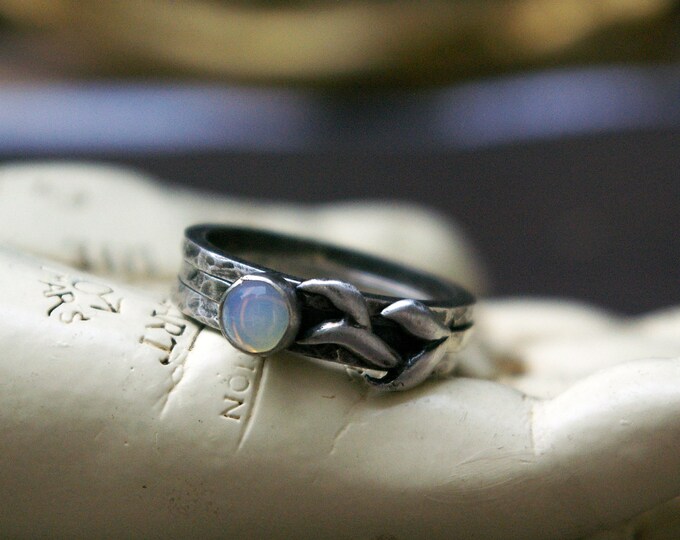 Laurel Leaves, Stacking Ring Set, Hammered Sterling Silver, Glass Moonstone, Size 7 1/2