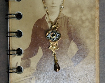 Glass Eye Necklace, Oilslick Teardrop Bead, 18K Gold-Plated, Occult-Inspired