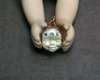 Cheerful Sprite Charm, Witchy Trinket, Painted Clay, Recycled Copper