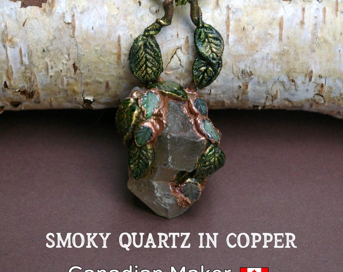 Wood Elf Necklace, Smoky Quartz Cluster, Emerald Leaves, Recycled Copper