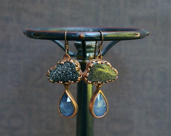 Storm Cloud Earrings, Midnight Quartzite, Sapphire Doublet & Copper on Niobium Earwires