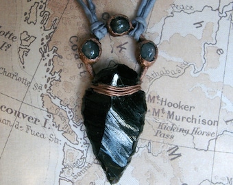 Obsidian Arrowhead Pendant, Recycled Copper, Whimsigoth Necklace