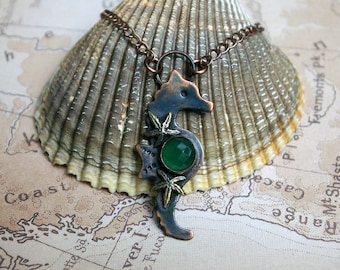 Seahorse with Brass Starfish, Sea Witch Charm, Green Onyx Mixed Metal Choker
