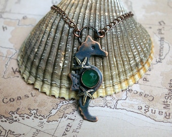 Seahorse Mermaid Necklace, Brass Starfish, Sea Witch Charm, Green Onyx Mixed Metal Choker