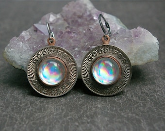 Recycled CD and Transit Token Earrings, Copper Backplate, Stainless Steel Leverbacks