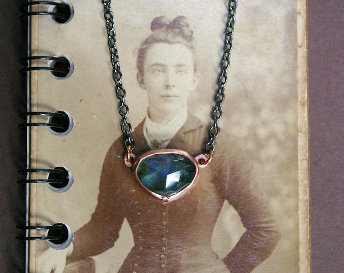 Labradorite in Copper Necklace with Gunmetal Chain, Minimalist Rustic Style, Rosecut Stone