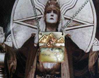 Jackalope in the Mountains Mixed Metal Necklace, Nickel, Copper, Brass, Dendritic Agate