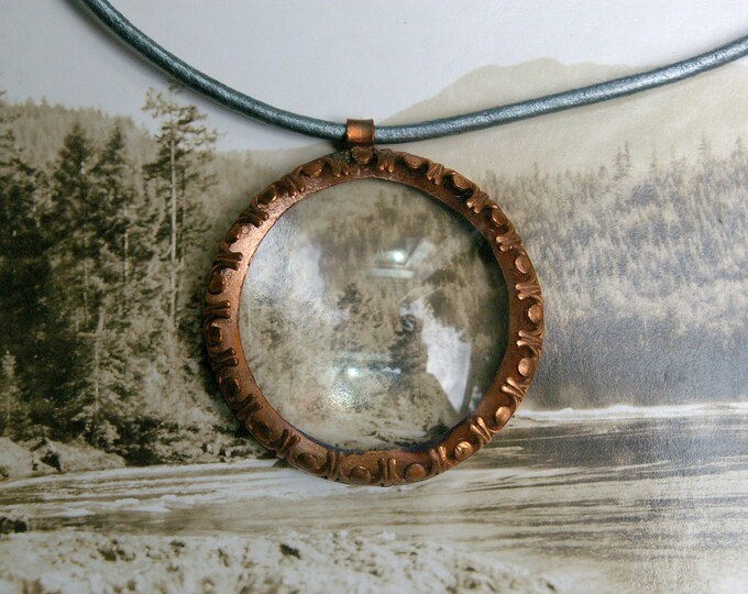 Magnifying Lens Pendant, Recycled Copper, Metallic Leather Cord