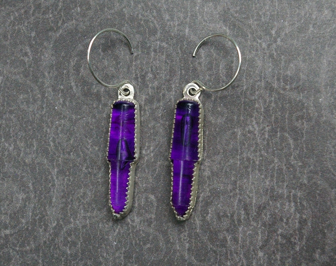 Retro Toy Earrings, Purple Pegs in Sterling Silver, Circular Earwires