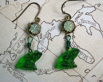 Frog Earrings, Vintage Glass Charms, Niobium Earwires