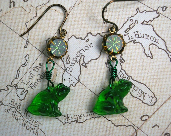 Frog Earrings, Vintage Glass Charms, Niobium Earwires