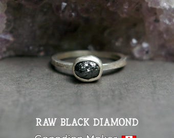 Black Diamond Ring, Raw Gemstone, Brushed Sterling Silver, Hammered Band