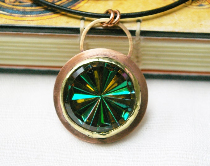 Astrological Great Year Pendant, Zodiac Symbols, Starburst Vintage Glass, Copper and Brass Mixed Metal