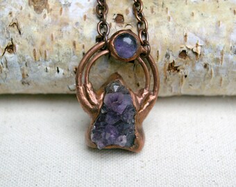 Amethyst Cluster Pendant, Polished Accent Stone, Recycled Electroformed Copper