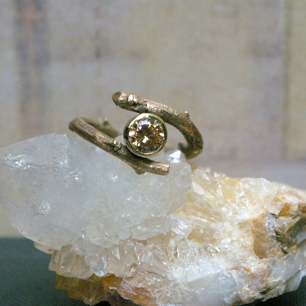 Twig Ring, Cast Brass, Champagne CZ Solitaire, Size 7 1/2