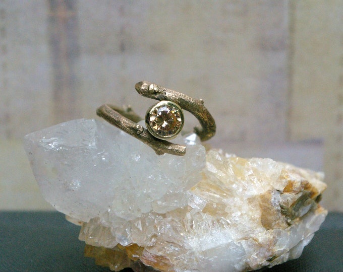 Twig Ring, Cast Brass, Champagne CZ Solitaire, Size 7 1/2
