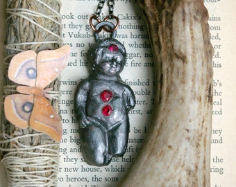 Goblincore Frozen Charlotte Pendant, Fuscia Cubic Zirconia Accents, Gunmetal Chain