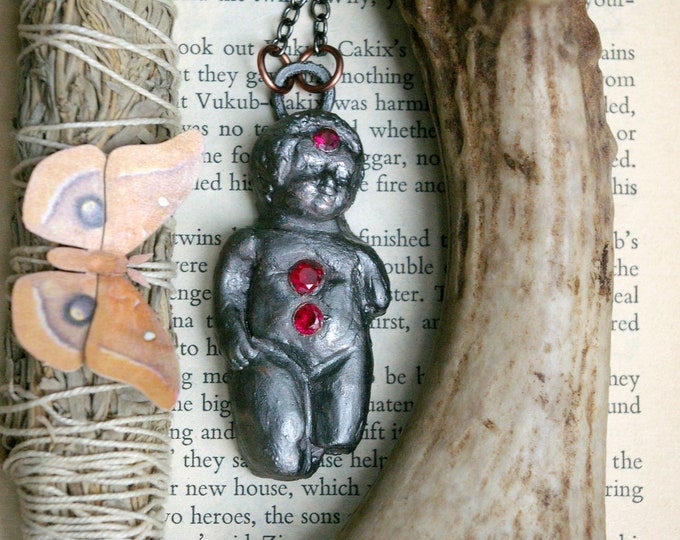 Goblincore Frozen Charlotte Pendant, Fuscia Cubic Zirconia Accents, Gunmetal Chain