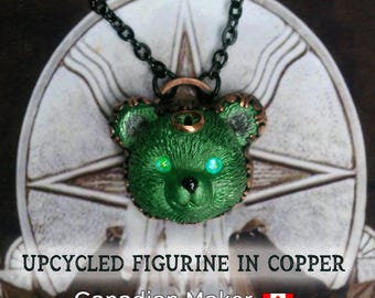 Monster Bear Necklace, Upcycled Figurine, Copper Setting & Black Steel Chain