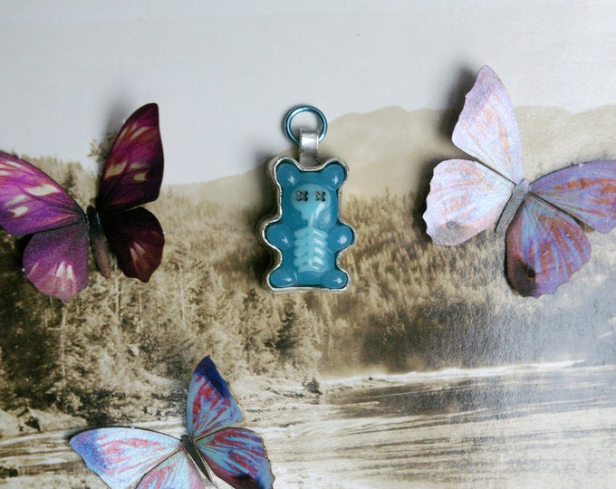 Zombie Gummy Bear, Skeleton Charm, Sterling Silver Setting, Blue Aluminum Hoop