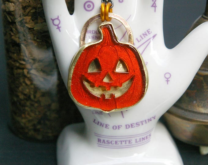 Jack O'Lantern Necklace, Bright Orange Pumpkin Pendant, Gunmetal Chain