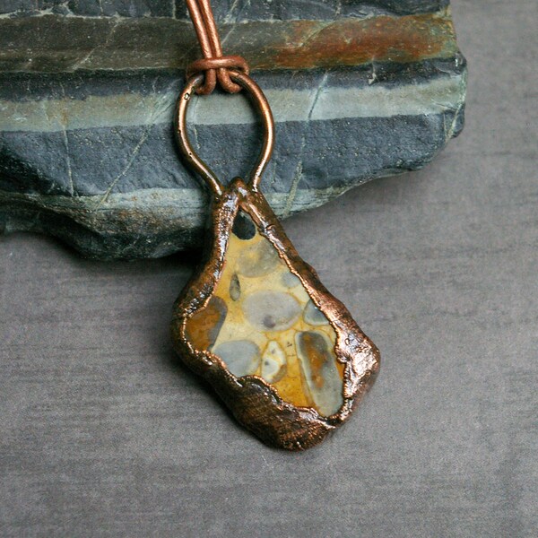 Puddingstone Pendant, Recycled Copper Setting, Brown Leather Cord
