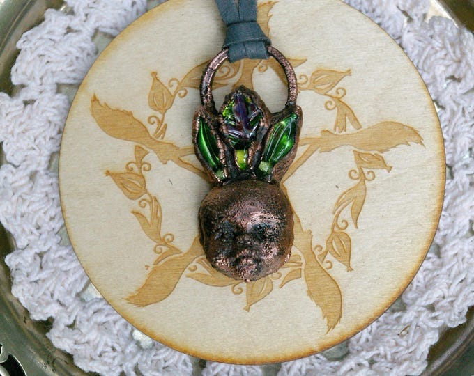 Baby Mandrake Necklace, Glass Leaves, Recycled Copper, Suede Leather Cord