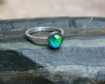 Fairypunk Rainbow Ring, Flashy Aurora Opal Quartz Doublet, Sterling Silver, Size 7 1/2