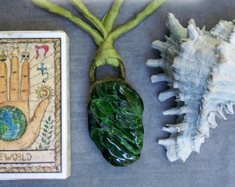 Diopside Nugget Pendant, Tinted Recycled Copper, Leaf-green Knotted Silk