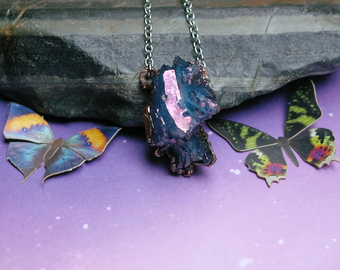 Blue Aura Quartz Cluster Pendant, Electroformed Recycled Copper, Long Steel Chain