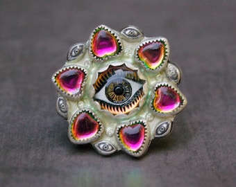 Weirdcore Angel Eyes Statement Ring, Vintage Glass Cabochons, Sterling Silver Metal