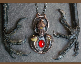 Faux Skull Familiar Pendant, Coyote Claws, Vintage Gems, Recycled Electroformed Copper