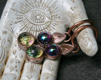 Vintage Glass & Copper Ear Weights, Mystical Aurora Orbs, Planchette Charms