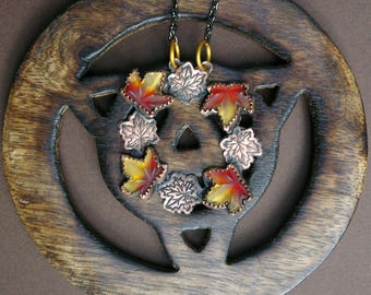 Maple Leaf Wreath Pendant, Autumn Necklace, Vintage Glass Leaves, Hand-fabricated Copper