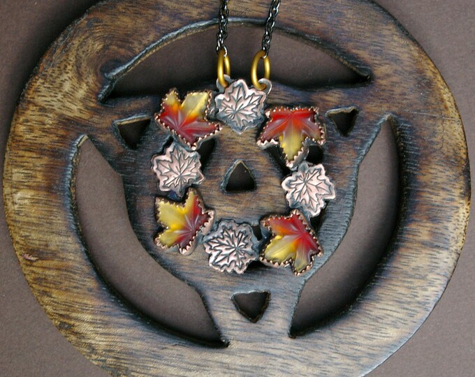 Maple Leaf Wreath Pendant, Autumn Necklace, Vintage Glass Leaves, Hand-fabricated Copper