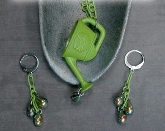 Gardener Gift, Watering Can Necklace, Raindrop Earrings, Vintage Toy & Glass