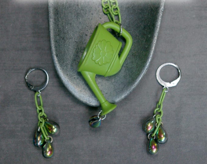Gardener Gift, Watering Can Necklace, Raindrop Earrings, Vintage Toy & Glass
