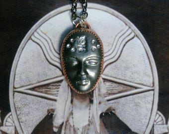Monad Mystic, Gunmetal Painted Clay Face, Recycled Copper Setting