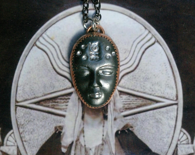 Monad Mystic, Gunmetal Painted Clay Face, Recycled Copper Setting