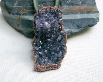 Amethyst Statement Necklace, Electroformed Recycled Copper, Druzy Cluster Strip, Silk Cord