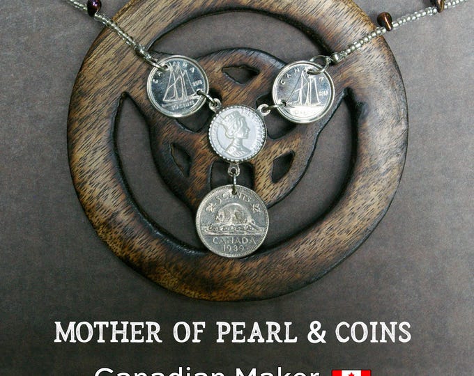 Nickel & Dimes Necklace, Mother of Pearl Carving, Vintage Seed Beads