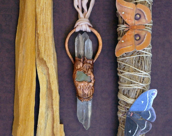 Raw Opal and Quartz Shard Pendant, Recycled Electroformed Copper, Sand Silk Cord