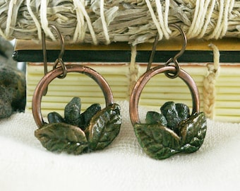Cottagecore Earrings, Forest Witch, Raw Emeralds, Tinted Green Leaves, Niobium Fish Hooks