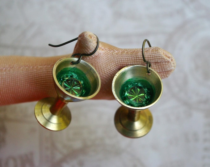 Psychobilly Poison Apple Martini Earrings, Vintage Brass and Glass, Niobium Earwires