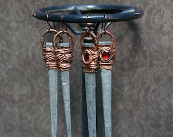 Coffin Nail Earrings, Rose Cut Garnets, Recycled Copper, Niobium Ear Wires
