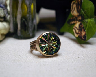 Rainbow Vintage Pinwheel Ring, Glass Stone, Bronze Setting, Size 7 1/2